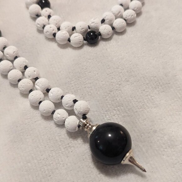 Handmade 108 bead mala White Lava and Black Tourmaline - pendulum divination - Picture 1 of 3